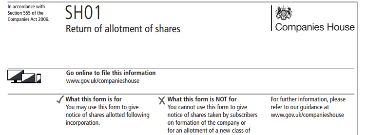 sh01 form to issue shares at companies house